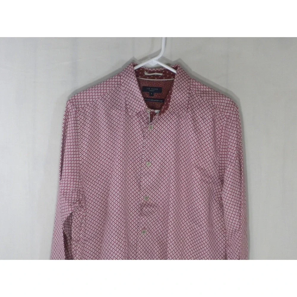 Ted Baker London Dress Shirt Size 4 L Red Geometric Button Up Long Sleeve‎ Cuffs